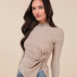 NWT Lulus Trendy Minimalist Heathered Tan Ribbed Knotted Top Brown - Size S